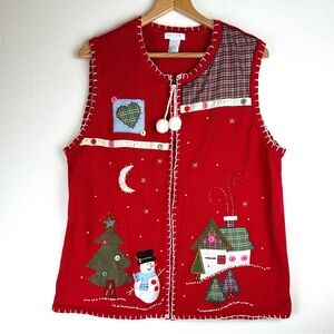 Traditions Christmas Holiday Sweater Vest Embroidered Patchwork Felted